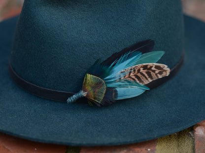 Green, Teal and Black Pheasant Feather Lapel Pin No.240