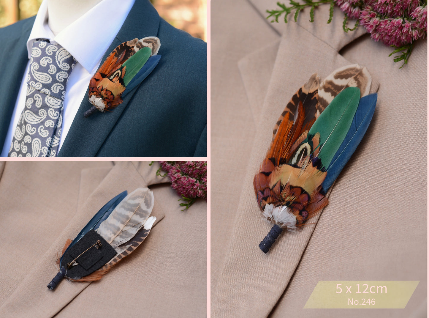 Navy Blue and Bottle Green Feather Boutonniere