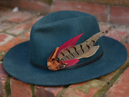 Large Copper Pheasant and Crimson Goose Feather Boutonniere / Hat Pin No.257