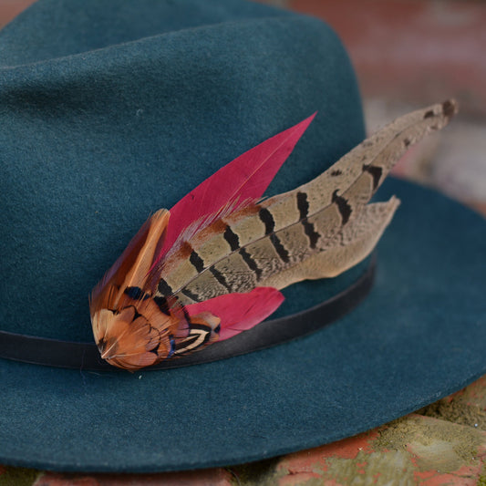 Large Copper Pheasant and Crimson Goose Feather Boutonniere / Hat Pin No.257