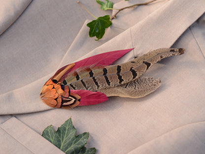 Large Copper Pheasant and Crimson Goose Feather Boutonniere / Hat Pin No.257
