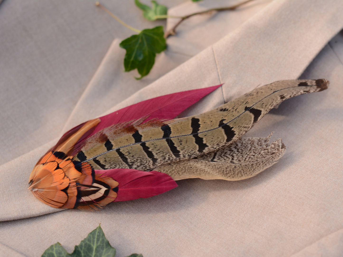 Large Copper Pheasant and Crimson Goose Feather Boutonniere / Hat Pin No.257