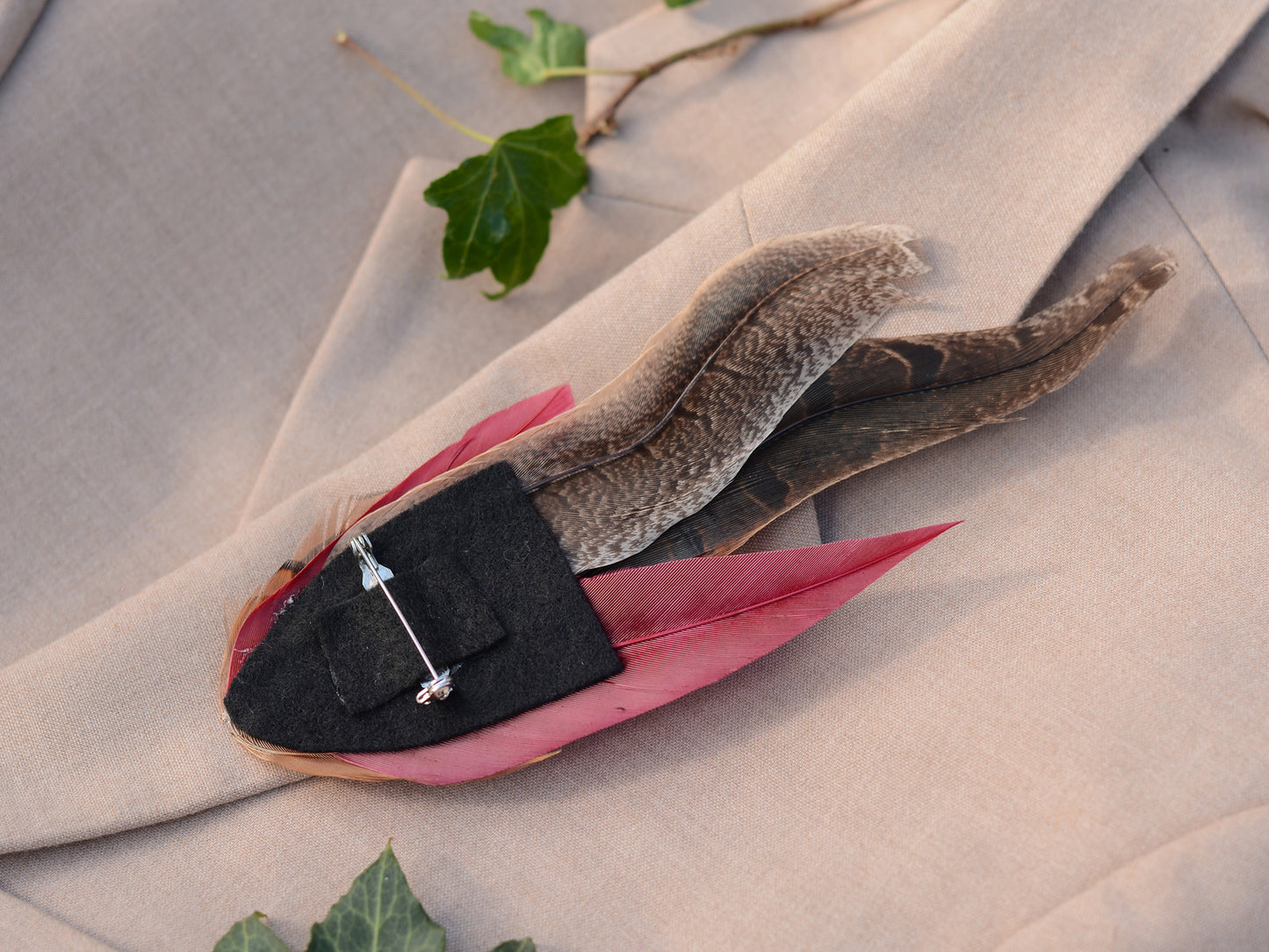 Large Copper Pheasant and Crimson Goose Feather Boutonniere / Hat Pin No.257