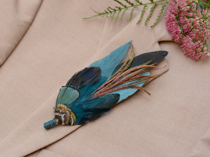 Dark Teal and Green Feather Hat Pin / Brooch No.267