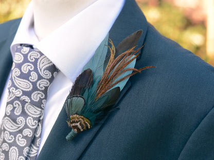 Dark Teal and Green Feather Hat Pin / Brooch No.267