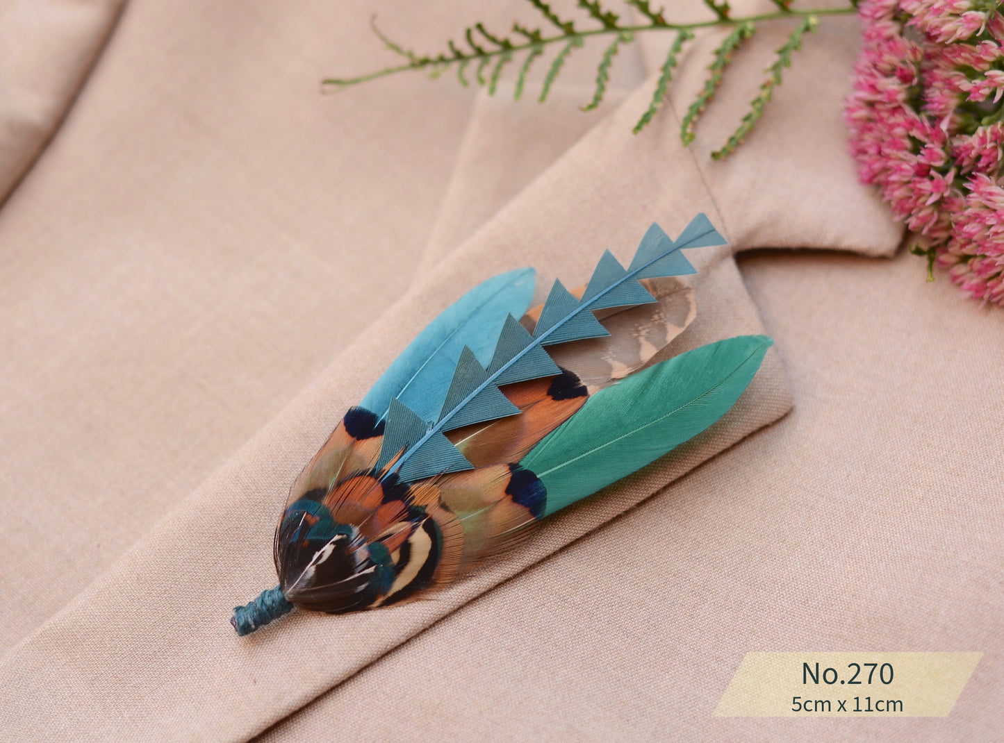 Feather Boutonniere Pin in Teal Green and Copper Pheasant