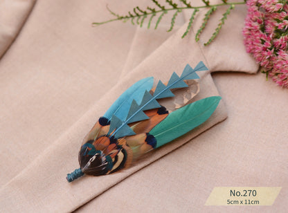Feather Boutonniere Pin in Teal Green and Copper Pheasant