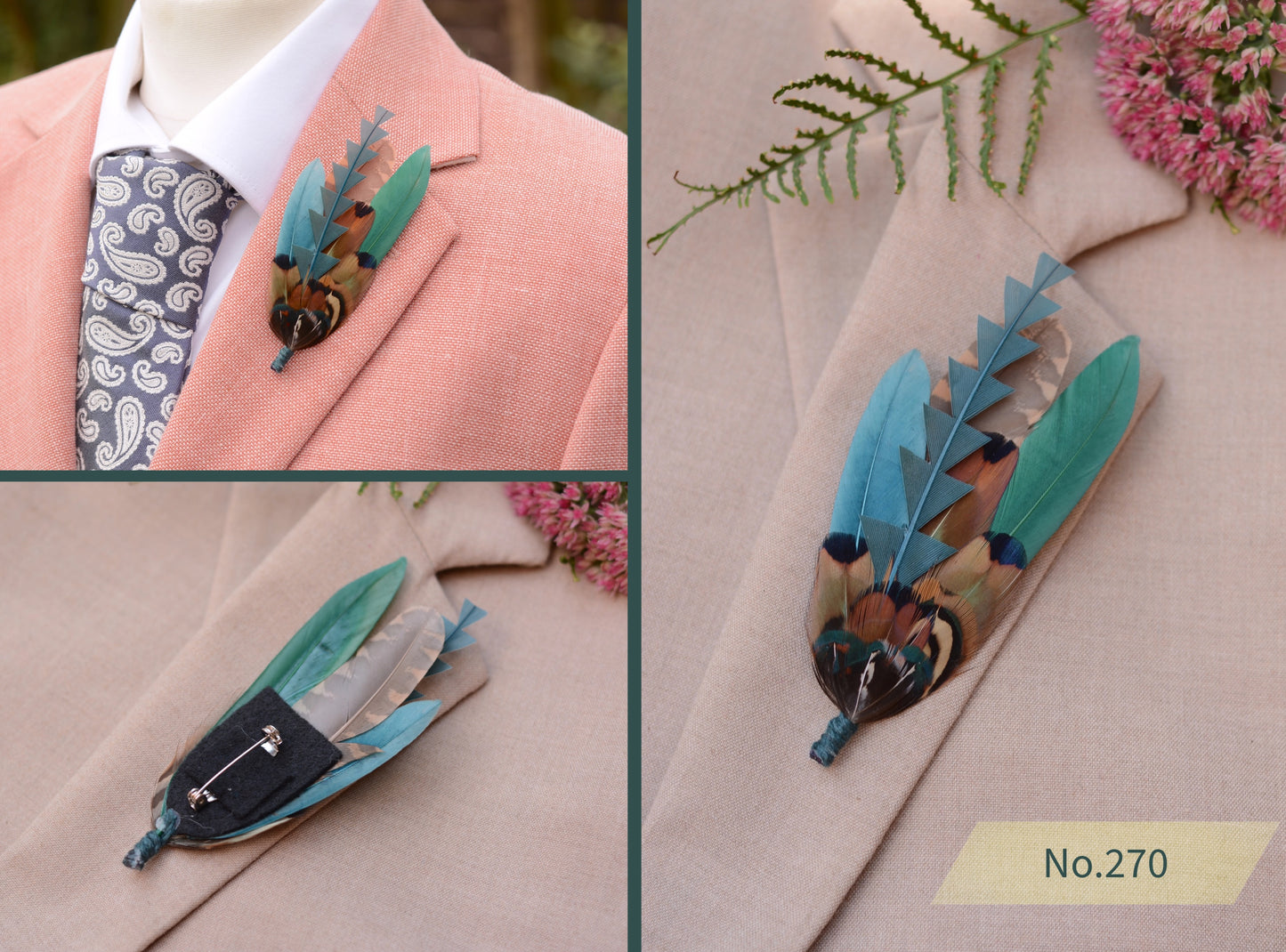 Feather Boutonniere Pin in Teal Green and Copper Pheasant