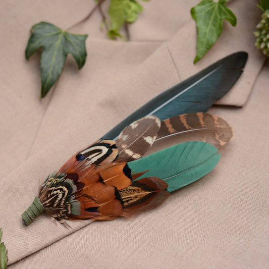 Large Pheasant and Duck Feather Hat Pin / Brooch in Bottle Green and Copper No.272