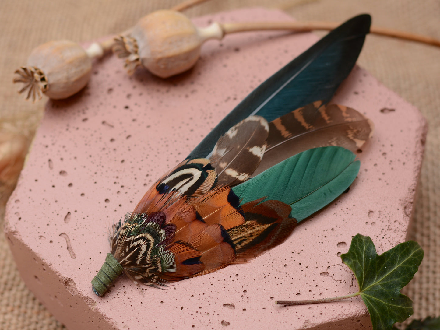 Large Pheasant and Duck Feather Hat Pin / Brooch in Bottle Green and Copper No.272