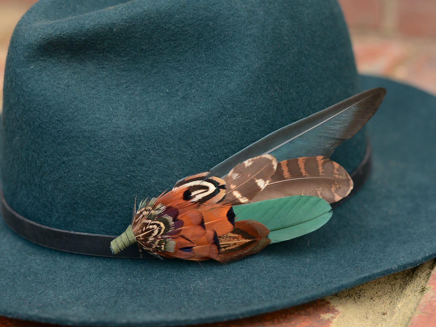 Large Pheasant and Duck Feather Hat Pin / Brooch in Bottle Green and Copper No.272