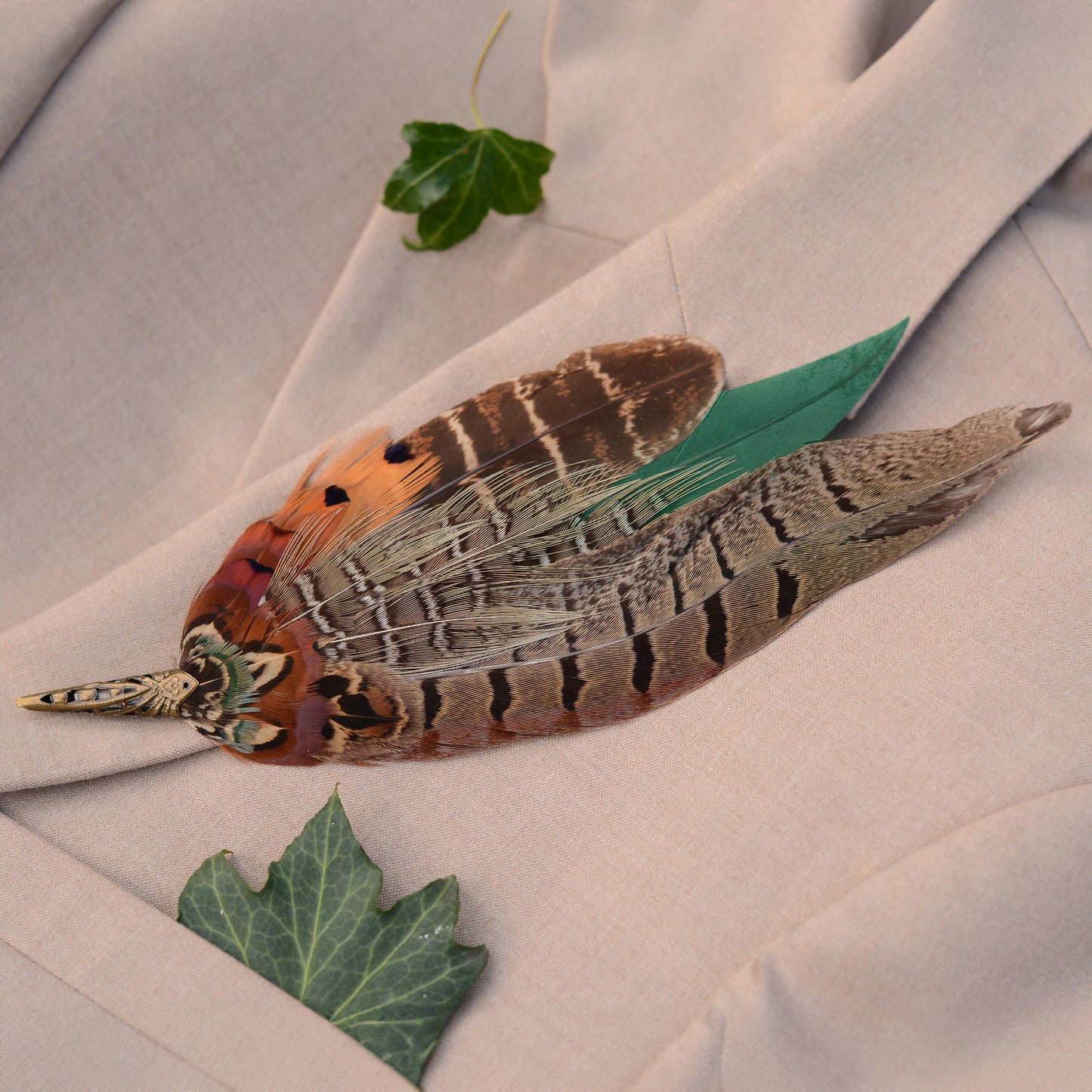 Pheasant Feather Brooch Hat Pin in Green and Copper No.274