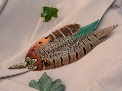 Pheasant Feather Brooch Hat Pin in Green and Copper No.274