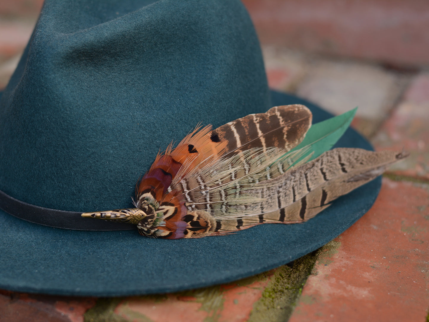 Pheasant Feather Brooch Hat Pin in Green and Copper No.274