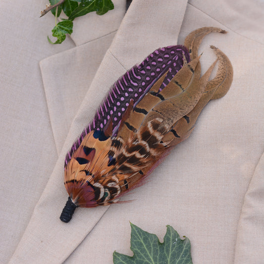 Plum Purple and Copper Pheasant Feather Lapel Pin No.307