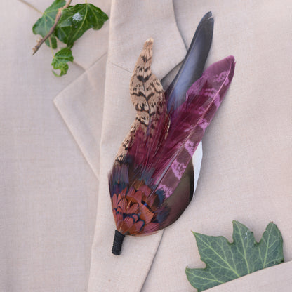 Large Pheasant Feather Hat Pin / Butonniere in Plum and Burgundy No.311