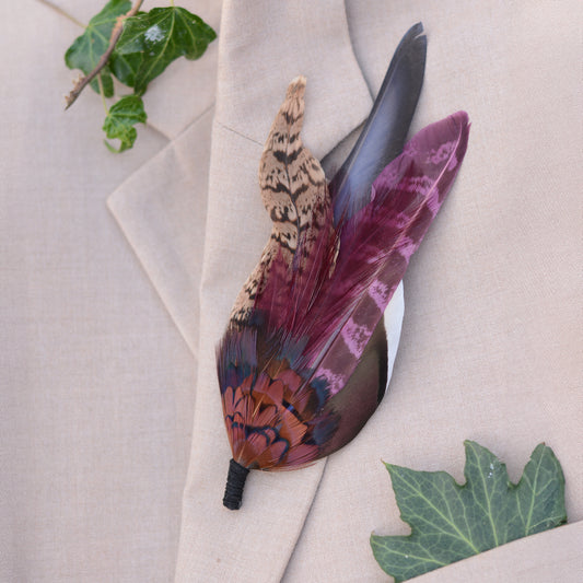 Large Pheasant Feather Hat Pin / Butonniere in Plum and Burgundy No.311