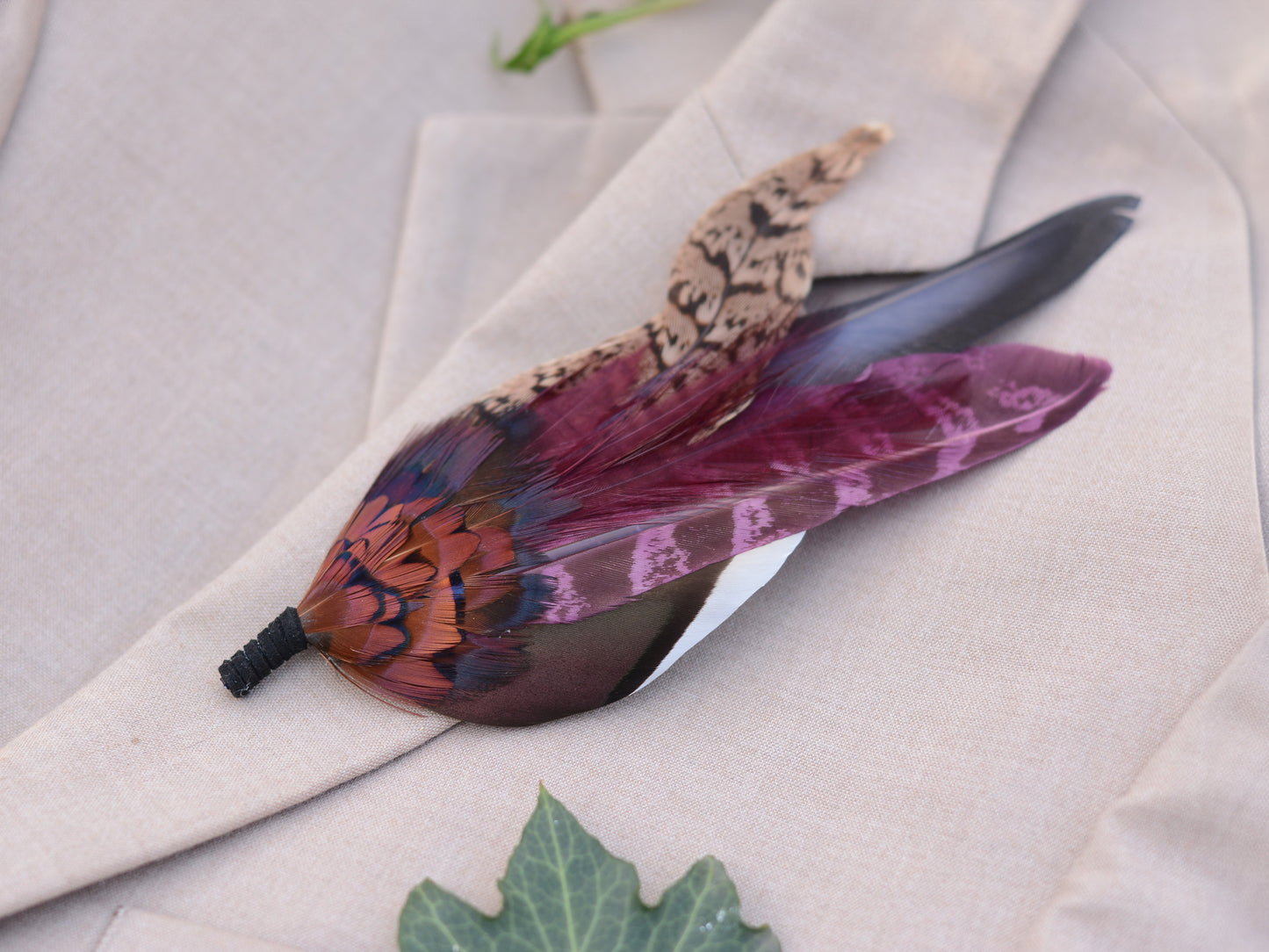 Large Pheasant Feather Hat Pin / Butonniere in Plum and Burgundy No.311