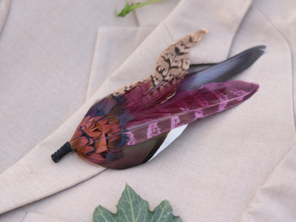 Large Pheasant Feather Hat Pin / Butonniere in Plum and Burgundy No.311