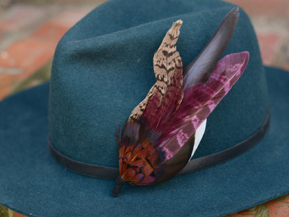 Large Pheasant Feather Hat Pin / Butonniere in Plum and Burgundy No.311