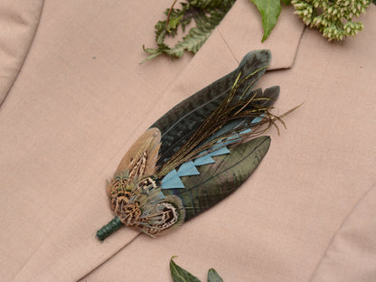 Teal and Green Feather Hat Pin / Boutonniere Large No.323