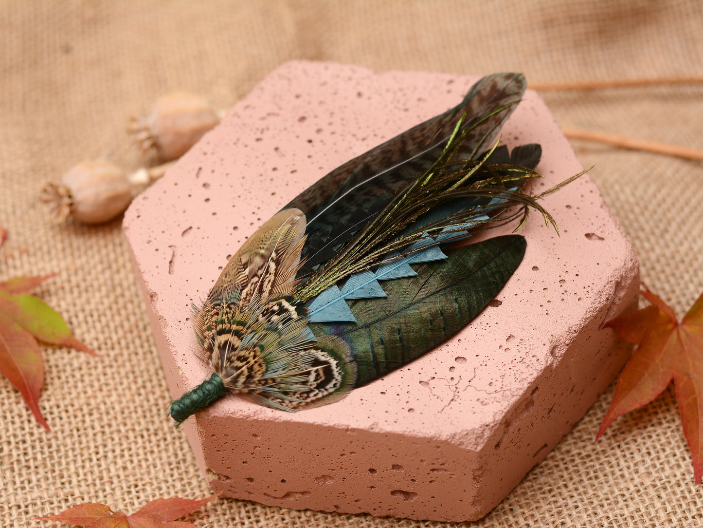 Teal and Green Feather Hat Pin / Boutonniere Large No.323