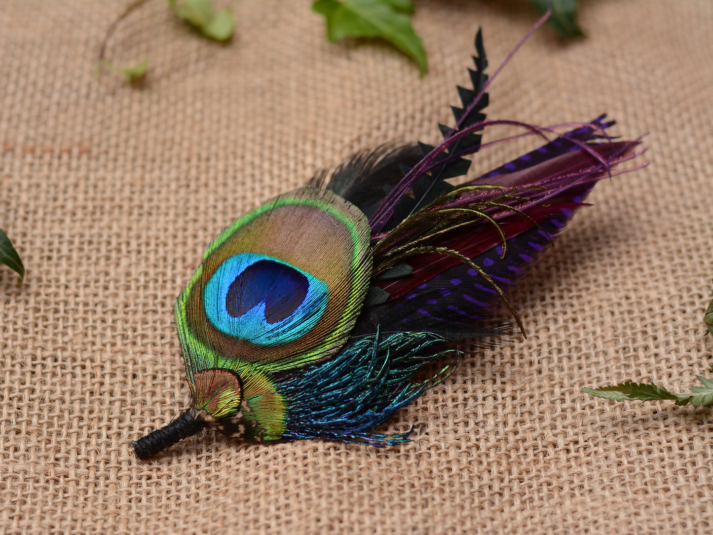 Purple and Peacock Feather Boutonniere / Feather Hat Pin No.325