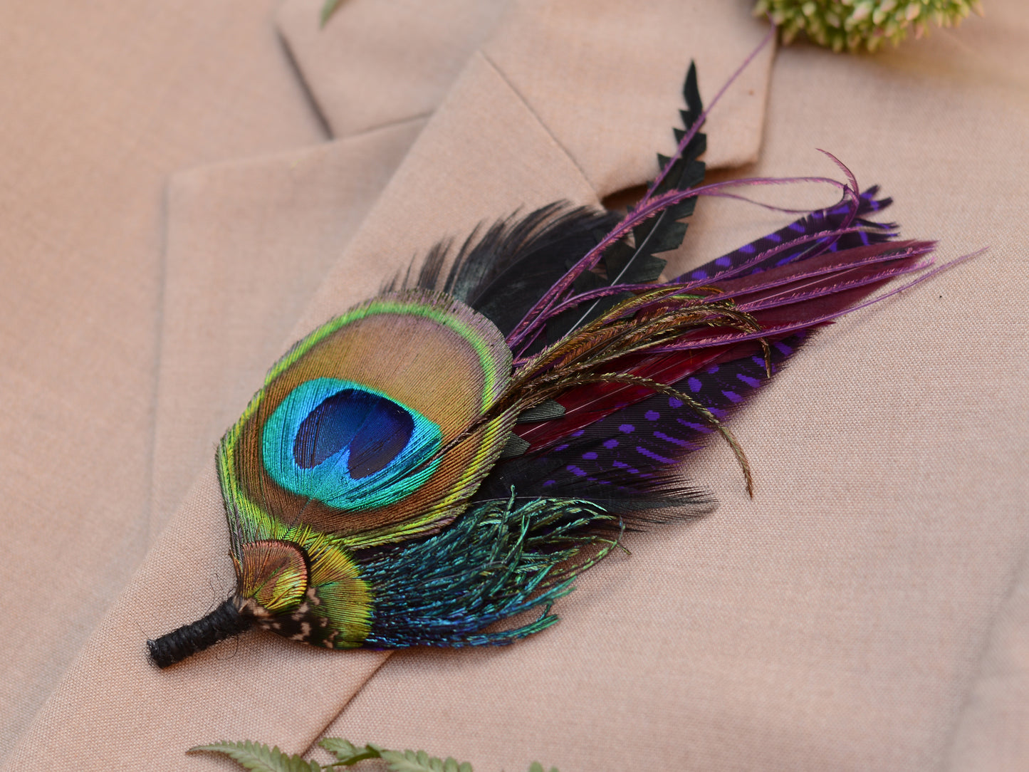 Purple and Peacock Feather Boutonniere / Feather Hat Pin No.325