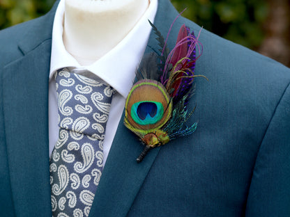Purple and Peacock Feather Boutonniere / Feather Hat Pin No.325