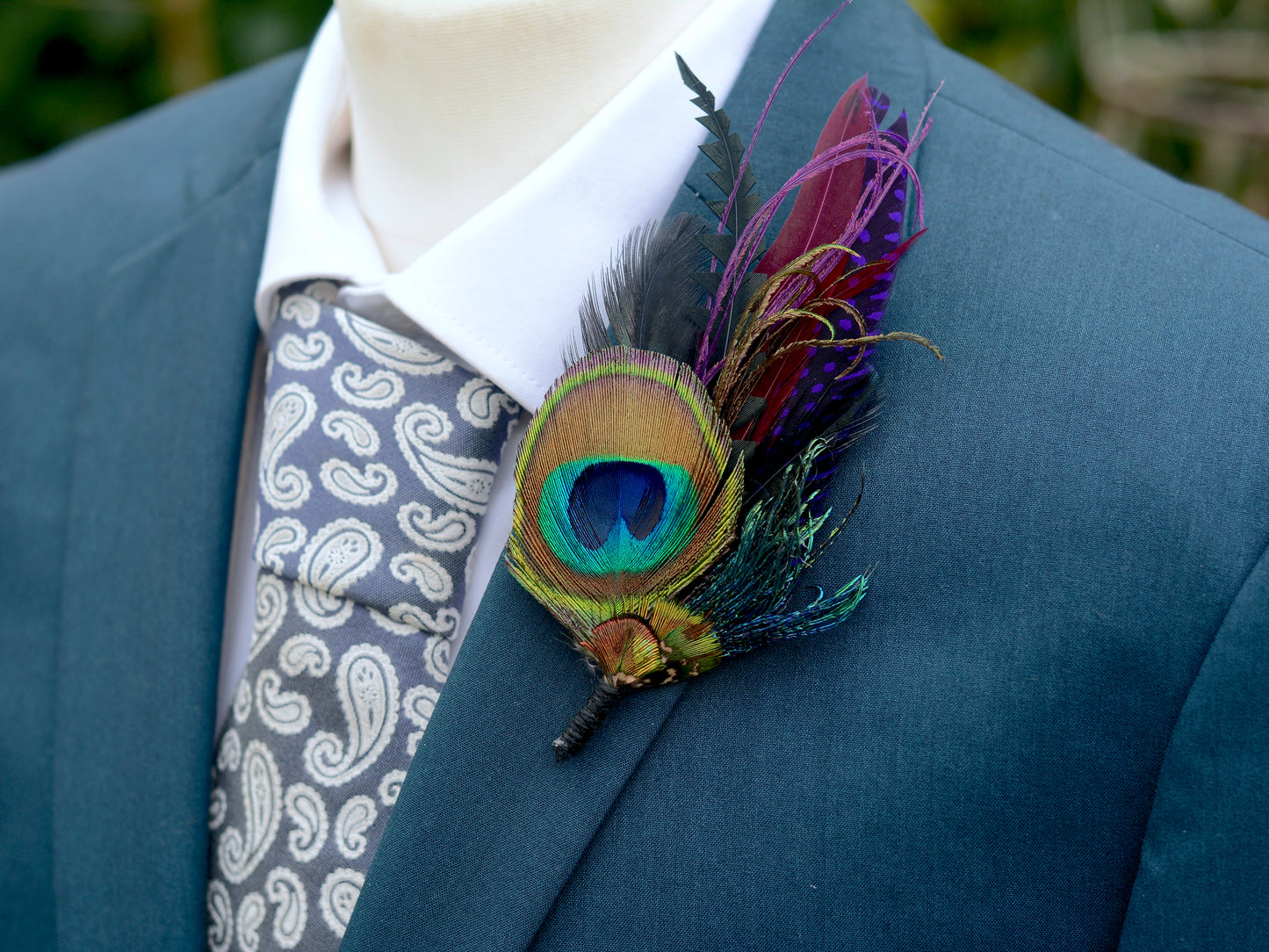 Purple and Peacock Feather Boutonniere / Feather Hat Pin No.325