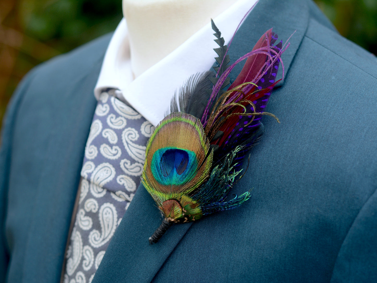 Purple and Peacock Feather Boutonniere / Feather Hat Pin No.325