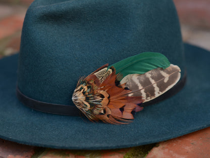 Pheasant Feather Hat Pin No.13 - Green and Copper Feather Brooch