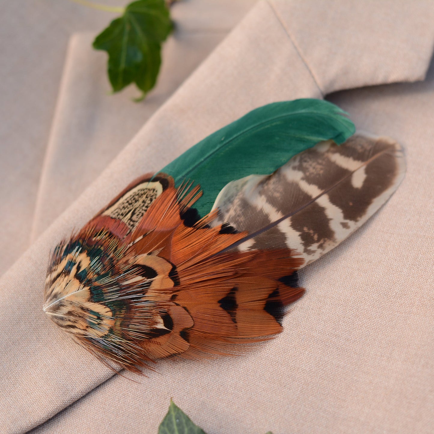Pheasant Feather Hat Pin No.13 - Green and Copper Feather Brooch