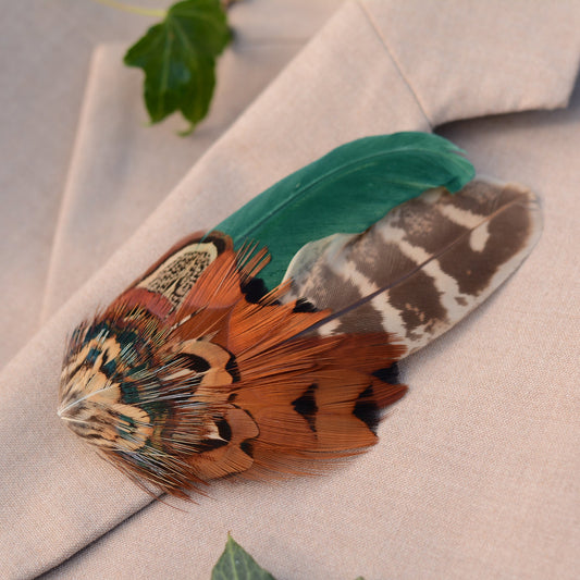 Pheasant Feather Hat Pin No.13 - Green and Copper Feather Brooch