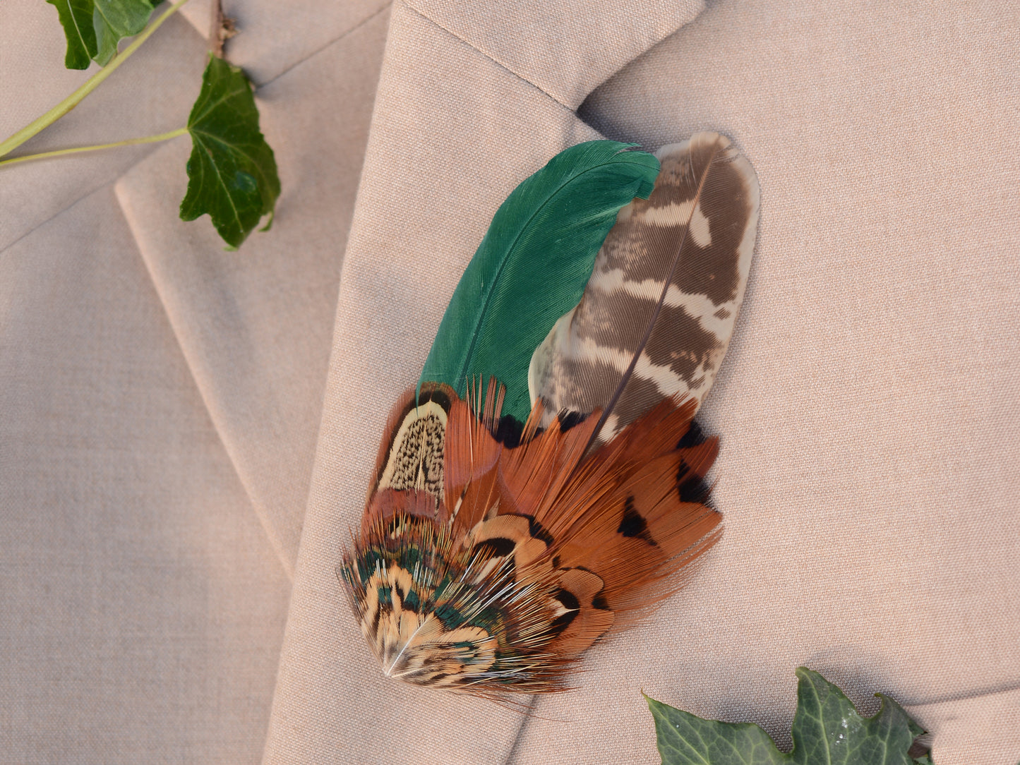 Pheasant Feather Hat Pin No.13 - Green and Copper Feather Brooch