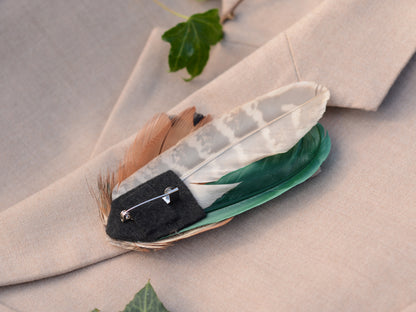 Pheasant Feather Hat Pin No.13 - Green and Copper Feather Brooch