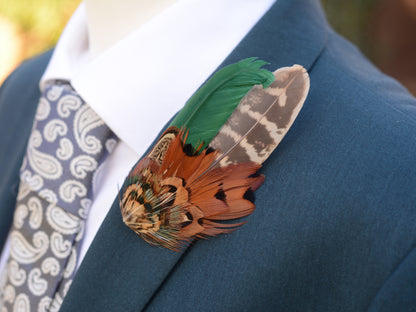Pheasant Feather Hat Pin No.13 - Green and Copper Feather Brooch