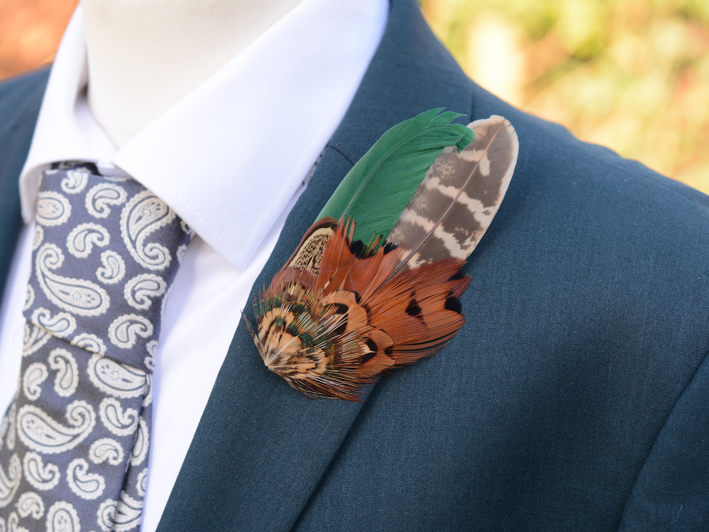 Pheasant Feather Hat Pin No.13 - Green and Copper Feather Brooch