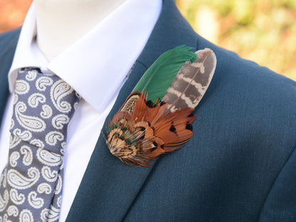 Pheasant Feather Hat Pin No.13 - Green and Copper Feather Brooch