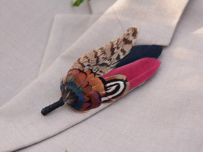 Burgundy, Black and Copper Pheasant Feather Lapel Pin / Hat Pin Small no.172