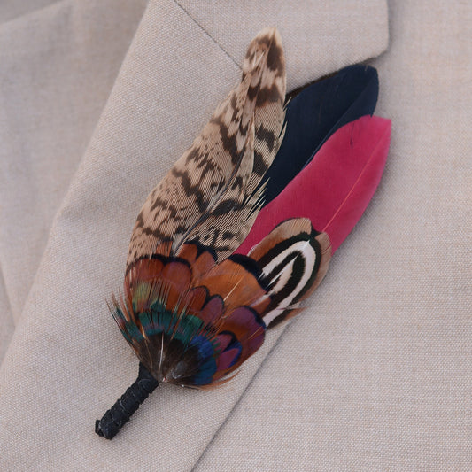 Burgundy, Black and Copper Pheasant Feather Lapel Pin / Hat Pin Small no.172
