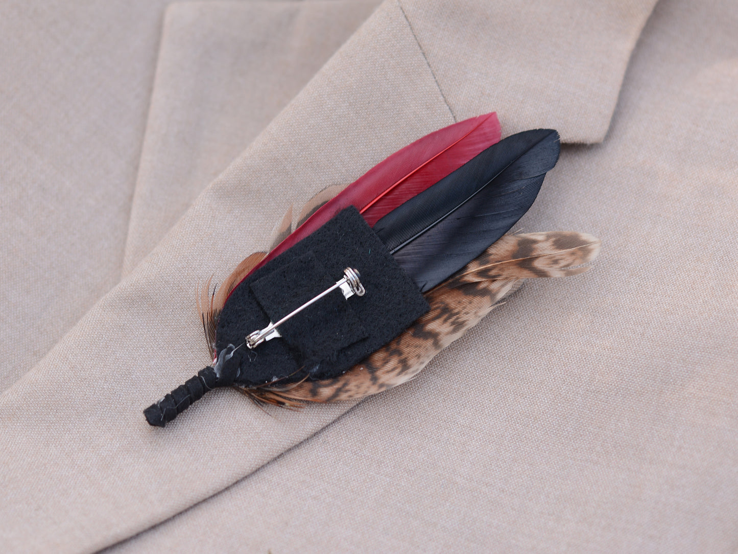 Burgundy, Black and Copper Pheasant Feather Lapel Pin / Hat Pin Small no.172