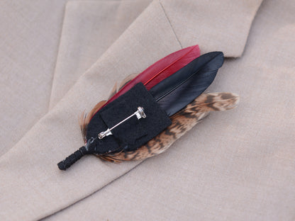Burgundy, Black and Copper Pheasant Feather Lapel Pin / Hat Pin Small no.172