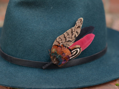 Burgundy, Black and Copper Pheasant Feather Lapel Pin / Hat Pin Small no.172