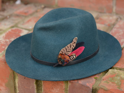 Burgundy, Black and Copper Pheasant Feather Lapel Pin / Hat Pin Small no.172