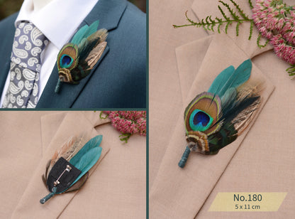 Teal, Green and Navy Peacock Feather Boutonnieres