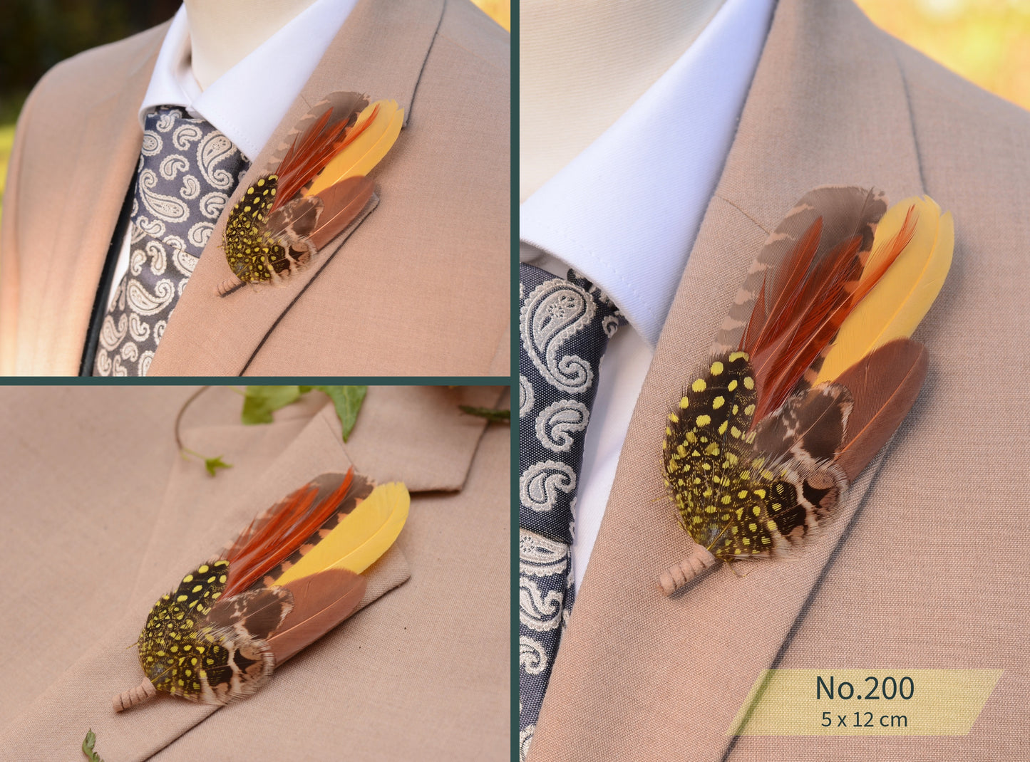 Feather Hat Pin / Broochs in Fall Colours Yellow and Burnt Orange