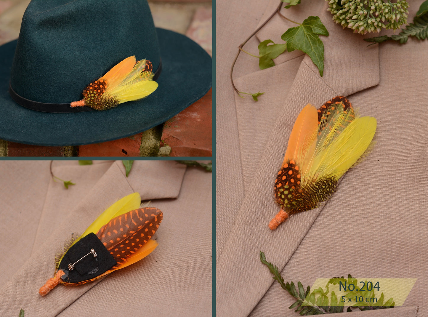 Feather Hat Pin / Broochs in Fall Colours Yellow and Burnt Orange