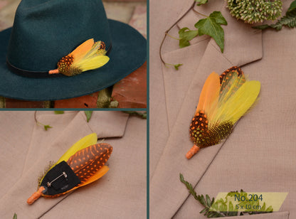 Feather Hat Pin / Broochs in Fall Colours Yellow and Burnt Orange