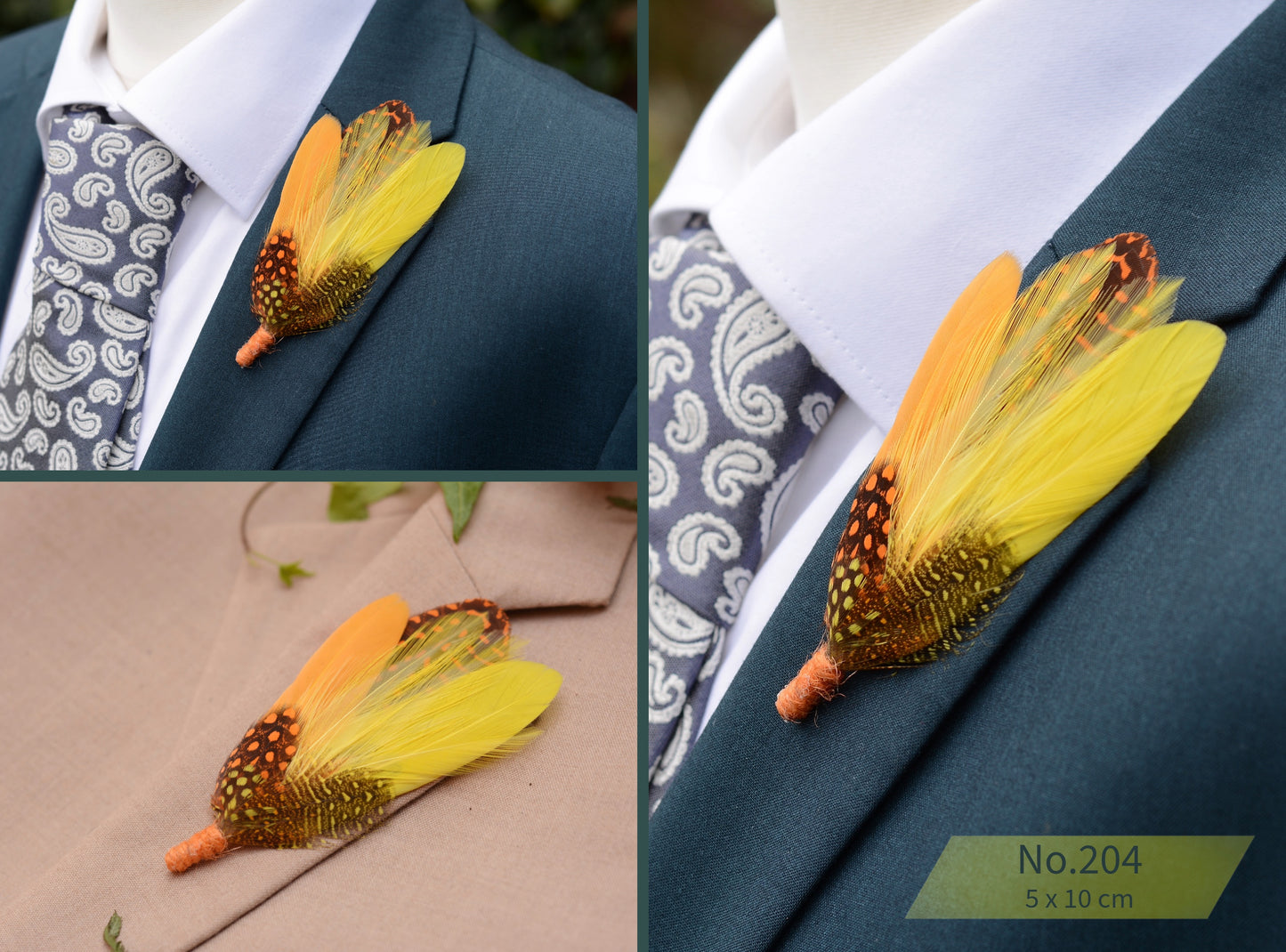 Feather Hat Pin / Broochs in Fall Colours Yellow and Burnt Orange